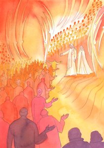 Jesus korsfäst väntar vid himlens port, med sin mor Maria och de heliga änglarna, 2000 (w/c på papper) av Elizabeth Wang
