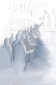 Jesus korsfäst väntar vid himlens port, med sin mor Maria och de heliga änglarna, 2000 (w/c på papper) av Elizabeth Wang