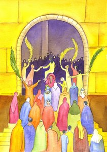 Jesus går in i Jerusalem i procession (palmsöndagen), 2001 (w/c på papper) av Elizabeth Wang
