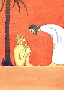 Jesus helar den blinde, 2001 (w/c på papper) av Elizabeth Wang