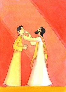 Jesus botar den döva, när han höjer sina ögon mot himlen, i bön, 2001 (w/c på papper) av Elizabeth Wang