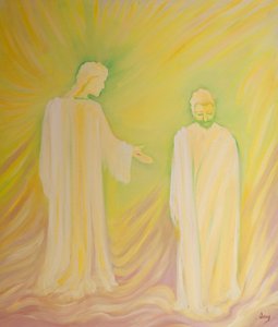 Jesus hedrar Sankt Josef sin fosterfar och ber oss att beundra hans dygder och be om hans böner, 2000 (olja ombord) av Elizabeth Wang