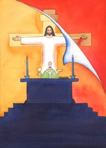 Jesus är närvarande med oss vid mässan och ber till Fadern för vår räkning, om hjälp i våra behov och om evig frälsning. Vi kan förena alla våra böner med hans stora offerbön, 2004 (w/c on pa av Elizabeth Wang