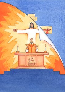 Jesus är närvarande med oss vid mässan och ber till Fadern för vår räkning, om hjälp i våra behov och om evig frälsning. Vi kan förena alla våra böner med hans stora offerbön, 2004 (w/c on pa av Elizabeth Wang