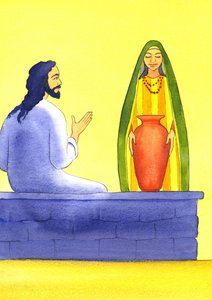 Jesus möter den samaritanska kvinnan vid brunnen, 2001 (w/c på papper) av Elizabeth Wang