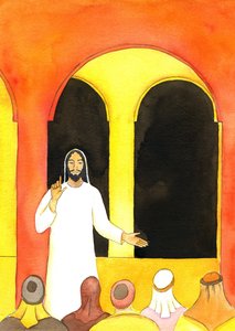 Jesus predikade i templet, talade sanning och retade upp några människor som sedan planerade att skada honom, 2001 (w/c på papper) av Elizabeth Wang