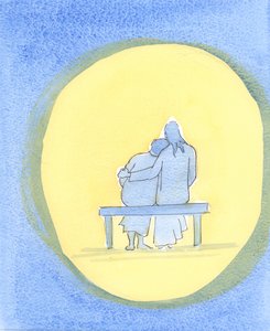 Jesu kärlek är personlig, öm och oföränderlig; han är alltid närvarande med oss, särskilt i det heliga sakramentet, och tröstar oss med sin närvaro., 2003 (w/c på papper) av Elizabeth Wang