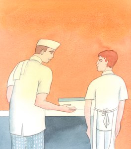 Precis som en kock är snäll mot sin elev när han påminner honom om att han har glömt att lägga ägg i sin svampblandning, så talar vi av välvilja, inte av hårdhjärtadhet, 2005 (akvarell på papper) av Elizabeth Wang