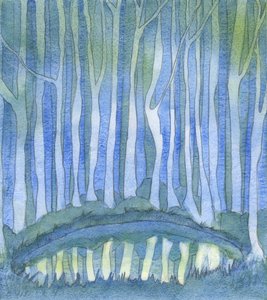 Precis som en person i en skog inte kan se djupet av en djup skogspool, så kan ingen "fatta" Gud, 2003 (w/c på papper) av Elizabeth Wang