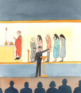 Många av dagens katoliker, som inte tror på kyrkans alla läror, målar en karikatyr av tiden före det sista konciliet, 2005 (akvarell på papper) av Elizabeth Wang