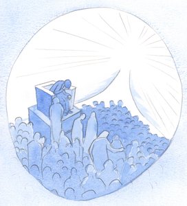 Många människor reser tillsammans mot himlen. Varje jordisk eller andlig moder kan föra sårade själar till platsen för återfödelse och försoning, 2001 (w/c på papper) av Elizabeth Wang