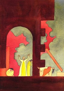 Många år innan Kristus föddes invaderades Jerusalem, och det heliga templet vanhelgades och förstördes, till folkets fasa, 2001 (w/c på papper) av Elizabeth Wang