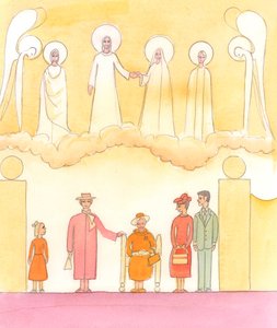 De flesta anser att en drottning handlar rätt när hon ser till att hennes mor - "drottningmodern" - hedras både vid privata och statliga högtider, 2005 (akvarell på papper) av Elizabeth Wang