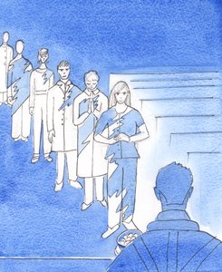 Ingen skulle vilja gå nerför gången i ett illa fläckigt plagg för alla att se, 2003 (w/c på papper) av Elizabeth Wang