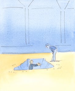 Vad tjänar det till om en man som behöver lyftas från ett hål i vägen, bara får höra av en förbipasserande: "Jag ber för dig"? Både bön och praktisk hjälp behövs., 2004 (w/c på papper) av Elizabeth Wang