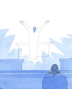På min yngste sons födelsedag såg jag Kristus vid altaret, med armarna utsträckta i bön medan han prisade Fadern för alla makar som älskar varandra, 2005 (akvarell på papper) av Elizabeth Wang