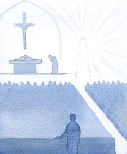 På dagen för mitt mottagande i den katolska kyrkan var det bara en plötslig kunskap om Marias närvaro där; hon var ingen legend, utan en människa av kött och blod, 2000 (w/c på papper) av Elizabeth Wang