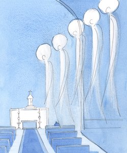 På högtiden för St Mikael och alla änglar "såg" jag änglarna när de väntade i kyrkan innan mässan började, och dyrkade Kristus som verkligen var närvarande i tabernaklet, 2004 (w/c på papper) av Elizabeth Wang