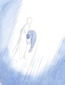 En gång omfamnade Kristus snabbt en bortgången själ efter dess rening och lyfte den - som ett nyfött barn som just fötts - högt mot himlen., 2001 (w/c på papper) av Elizabeth Wang