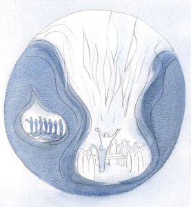 Ett ord bett i förening med Jesus, stigande från själen, tränger igenom himlen på ett sätt som är omöjligt för dem som inte ber i hans namn., 2000 (w/c på papper) av Elizabeth Wang