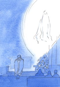 Vår välsignade fru uppenbarade sig i ett strålande ljus, nära oss och njöt av vår hängivenhet när vi alla bad rosenkransen, i maj 2003 (w/c på papper) av Elizabeth Wang