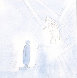 Vår välsignade fru är långt över oss i nåd och helighet, men vi får inte vara rädda för att närma oss henne., 2001 (w/c på papper) av Elizabeth Wang