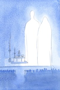 Vår välsignade fru är med oss vid vårt påskfirande. Med hela himlen lyssnar hon till lovprisningen till Hennes gudomliga son, 2001 (w/c på papper) av Elizabeth Wang