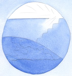 Vårt liv på jorden levs i mörker, som i källaren i ett enormt palats; den andliga trappan leder till himlen, 2002 (w/c på papper) av Elizabeth Wang