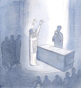 Våra böner hörs av denna anledning: De är förenade med Kristi bön som är närvarande, vår evige överstepräst., 2001 (w/c på papper) av Elizabeth Wang