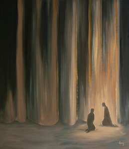 Våra böner, även i mörker, förenar oss med Jesus, som förbereder oss för den himmelska härligheten som ligger bakom ridån, 2001 (olja ombord) av Elizabeth Wang