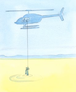 Människor blir hjälpta av våra förböner för dem i bön lika säkert som en desperat person som fångas i en kvicksand får hjälp av vänner som vinschar honom i säkerhet från en helikopter, 2003 (w/c på papper) av Elizabeth Wang