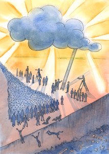 Människor är på väg mot döden och kanske helvetet, 2004 (w/c på papper) av Elizabeth Wang