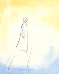 Påven Johannes Paulus II svävar i höjden, efter sin död, och fortsätter snabbt till himlen, så fullständig var hans förening med Gud och så stor hans helighet, enkelhet och renhet., 2006 (w/c på papper) av Elizabeth Wang