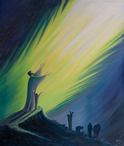 Bön med Kristus är härlig och effektiv, men utan honom är det som att ropa ut i mörkret, 2001 (olja ombord) av Elizabeth Wang