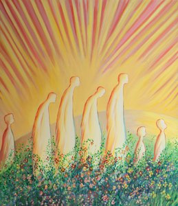 Renade själar går nu på en matta av blommor i glädje och enkelhet, befriade från all cynism och hårdhet, 2001 (olja ombord) av Elizabeth Wang