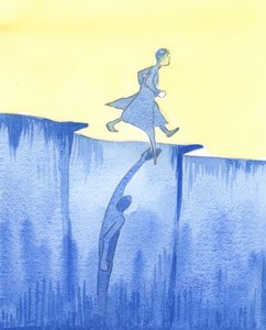 Satan kan använda våra oförsiktiga eller själviska tankar för att dra oss ner i synd och mörker, som när en fiende tar tag i någons flaxande plagg, 2003 (w/c på papper) av Elizabeth Wang