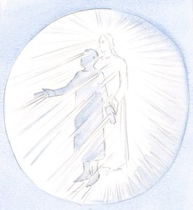 Så länge jag erkänner och accepterar mina sår, förklarade han, kommer han att kunna "lysa" genom mig, för att hjälpa andra själar, 2000 (w/c på papper) av Elizabeth Wang