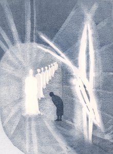 Ibland är Kristus närvarande för själen, i sin härlighet, tillbedd av vår skyddsängel. Vi behöver bara närvara och älska 2000 (w/c på papper) av Elizabeth Wang