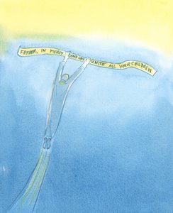 Själar får kraftfullt hjälp av de böner vi ber med och genom Kristus vid mässan. Det är som om behövande själar "bärs" av kyrkans bön, bort från fara och nöd, 2003 (w/c på papper) av Elizabeth Wang