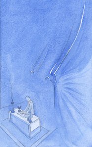 Stående bakom altaret står två heliga änglar: lång, häftig, vacker som en form i eldljus, glittrande guld på huvudet och vingen, 2001 (w/c på papper) av Elizabeth Wang