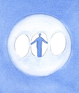 Den välsignade treenigheten kan ses som ett trippelljus med Kristus Gud-mannen i centrum, 2003 (w/c på papper) av Elizabeth Wang