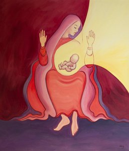 Jungfru Maria är det? Heliga huset? som födde Guds Son i sitt sköte och för evigt ära, 2001 (olja ombord) av Elizabeth Wang