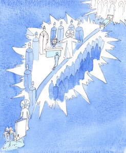 Den katolska kyrkan lär ut den ärorika sanningen att Gud i det förflutna nådde ut till människorna på olika sätt, 2005 (akvarell på papper) av Elizabeth Wang