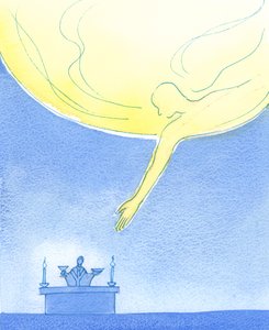 Fadern tar emot våra gåvor av bröd och vin, som om han lutar sig från himlen som en snäll förälder som tar gåvor från ett barn, 2003 (w/c på papper) av Elizabeth Wang