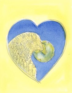 Jesu Kristi hjärta, vår Frälsare, är så stort att det innehåller hela universum, vår värld och alla på den, 2004 (w/c på papper) av Elizabeth Wang