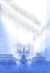 De himmelska vännerna vars liv vi erkänner i trosbekännelsen, är samlade omkring oss. Vi är en familj, 2002 (w/c på papper) av Elizabeth Wang