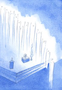 De heliga änglarna bildade en hedersvakt från kyrkans höjder - i tyst tillbedjan av Kristus, på Exposition, 2002 (w/c på papper) av Elizabeth Wang