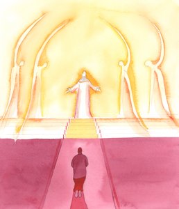 De heliga änglarna i kyrkan sa till mig: "Gör som vi gör", 2000 (w/c på papper) av Elizabeth Wang