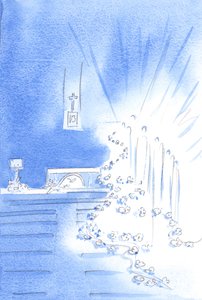 De heliga änglarna var närvarande: och dekorerade kyrkan med girlanger, och visade himlens förtjusning vid en vigning, 2002 (w/c på papper) av Elizabeth Wang