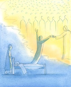 Den heliga själen som är redo för himlen möts inte bara av Kristus, utan också av hans heliga moder och alla heliga, 2003 (w/c på papper) av Elizabeth Wang